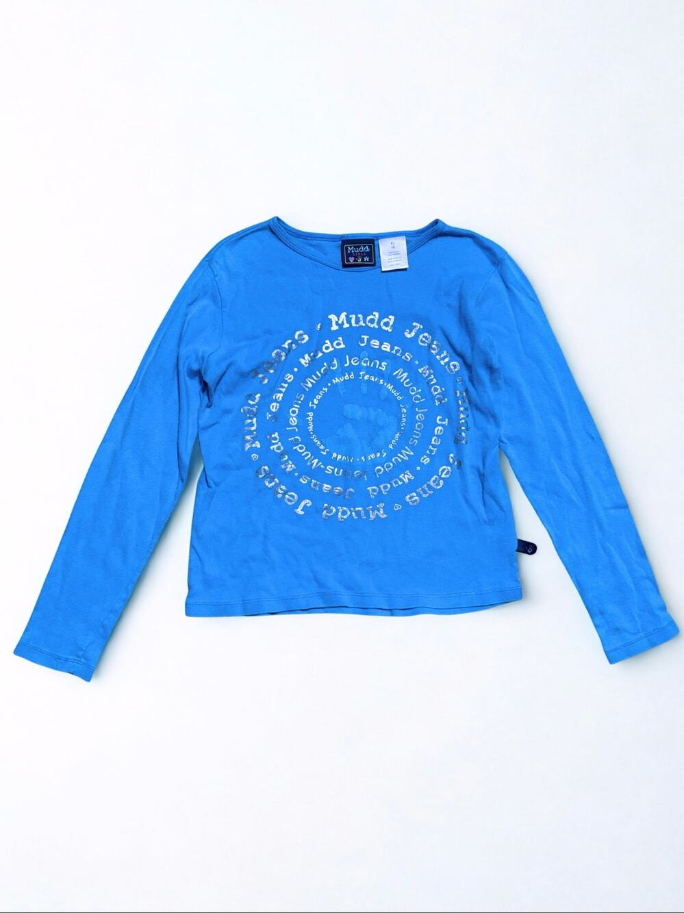 Vtg Y2K Mudd Clothing Girls Bright Blue Silver Foil Print Baby Tee